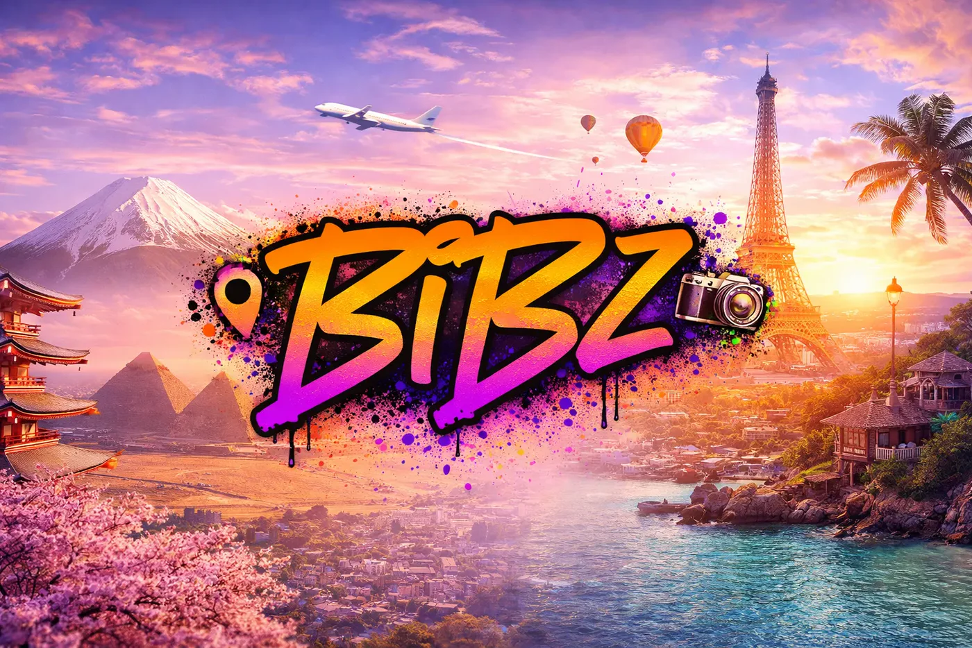Bannière Bibz : le logo graffiti devant la tour Eiffel, le mont Fuji et les pyramides