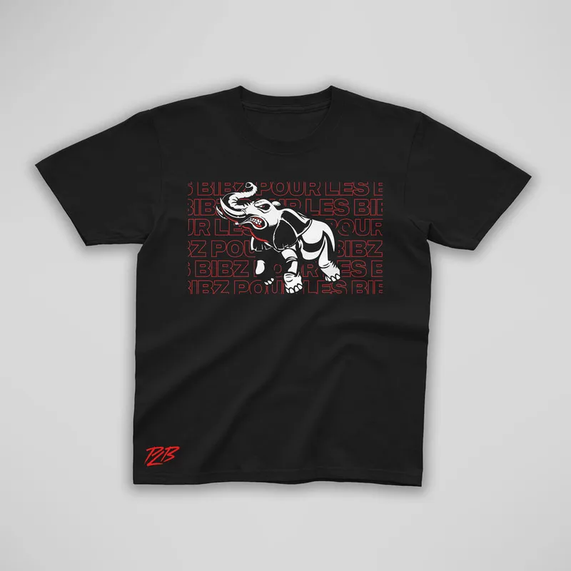 Tee-shirt noir PLB, éléphant et typographie rouge