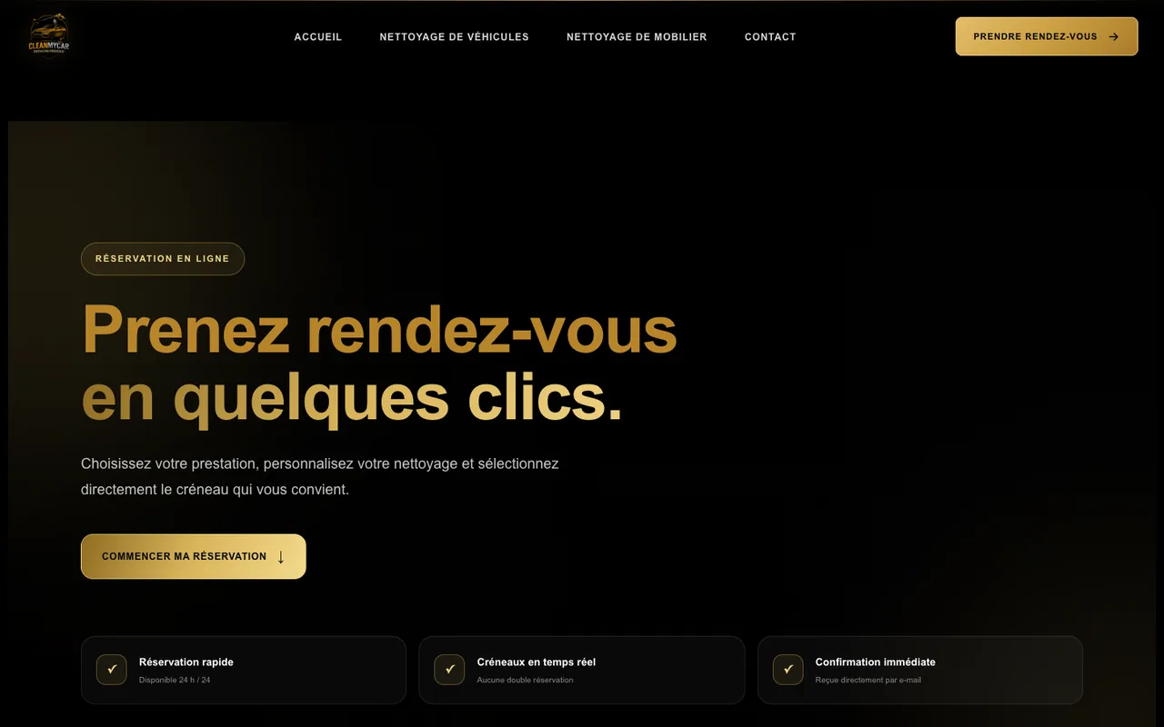 Page de prise de rendez-vous du site Clean My Car