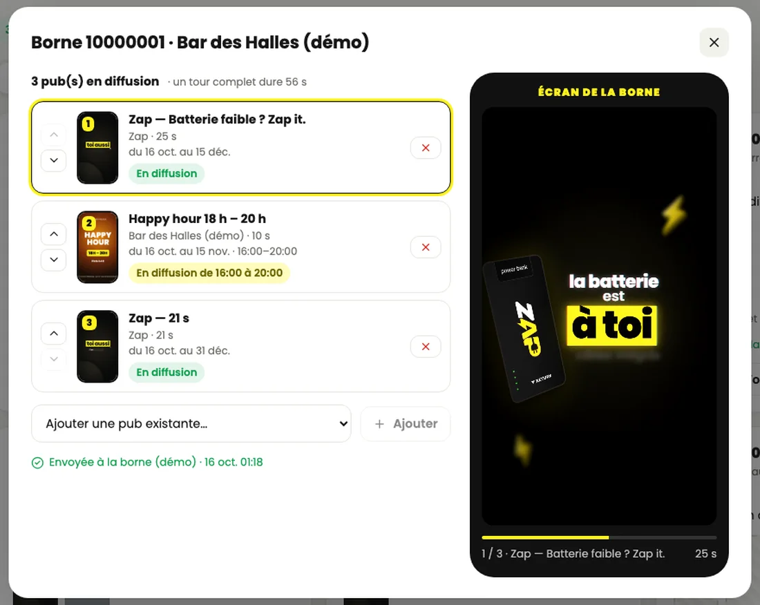 Espace d’administration Zap : la playlist des publicités d’une borne et l’aperçu de son écran