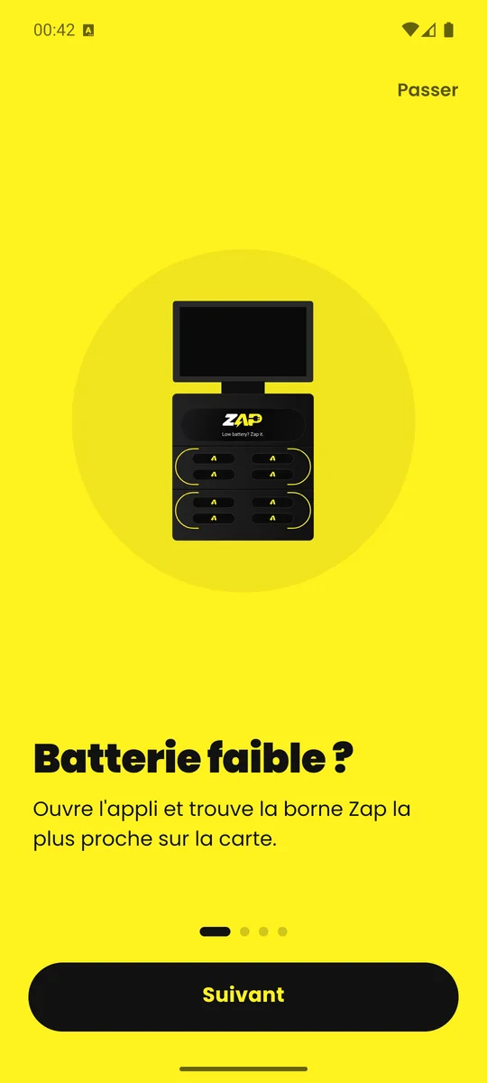 Écran d’accueil de l’application Zap : batterie faible ?