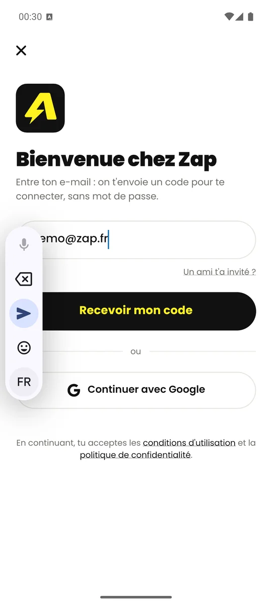 Écran de connexion de l’application Zap