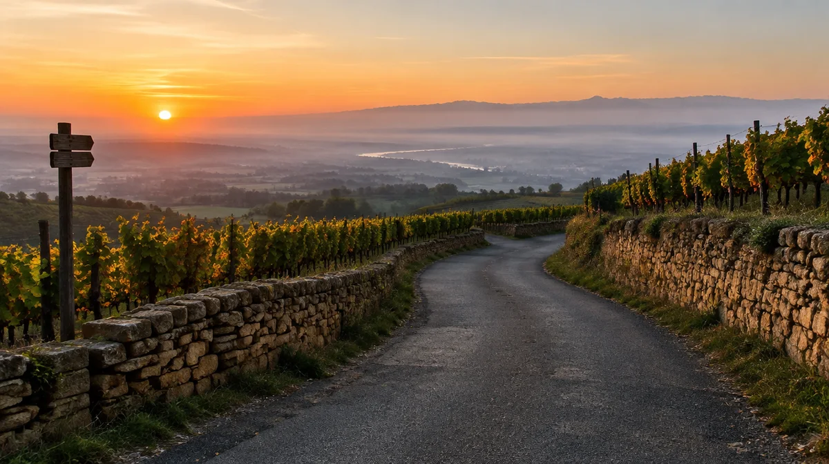 Décor : une route des vignes à l’aube