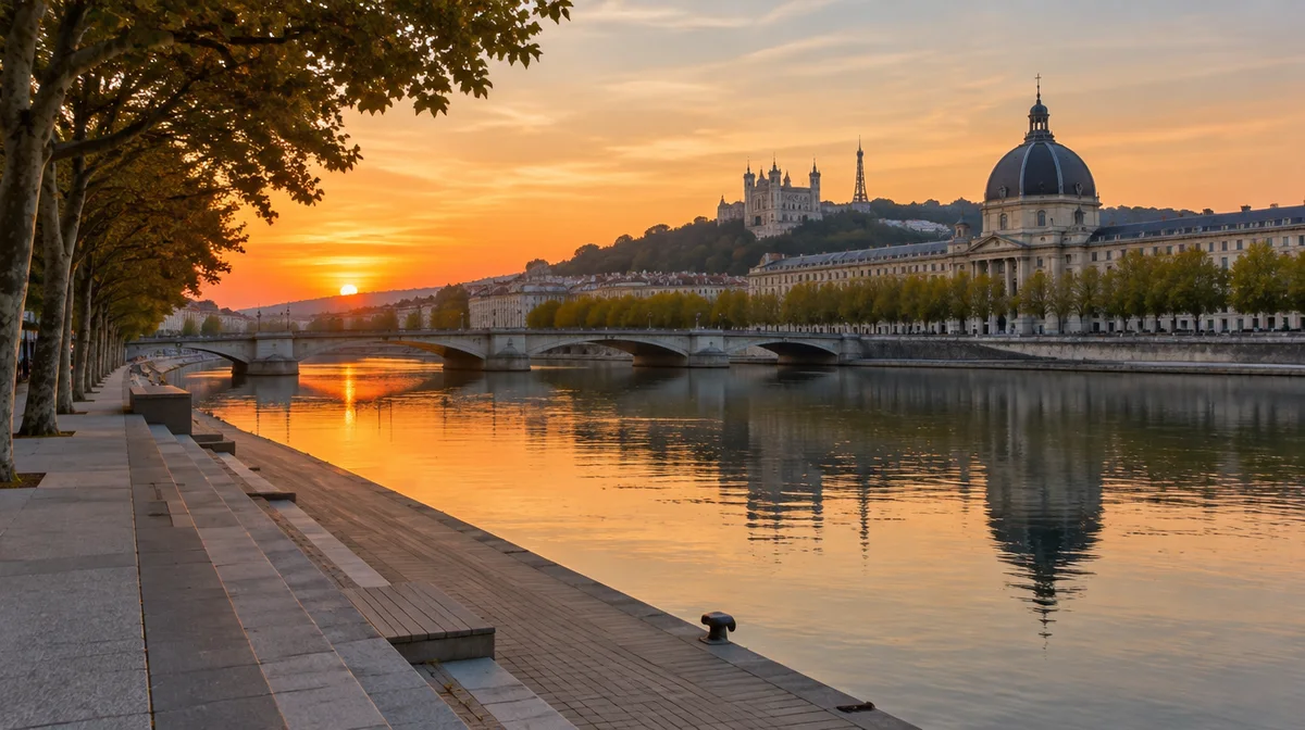 Décor : les berges du Rhône au coucher du soleil